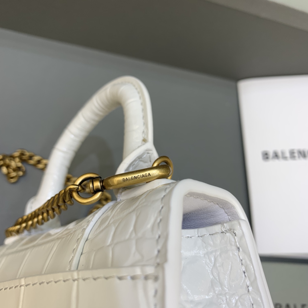 Balenciaga Hourglass Mini Handbag With Chain Crocodile Embossed Shoulder Bag White